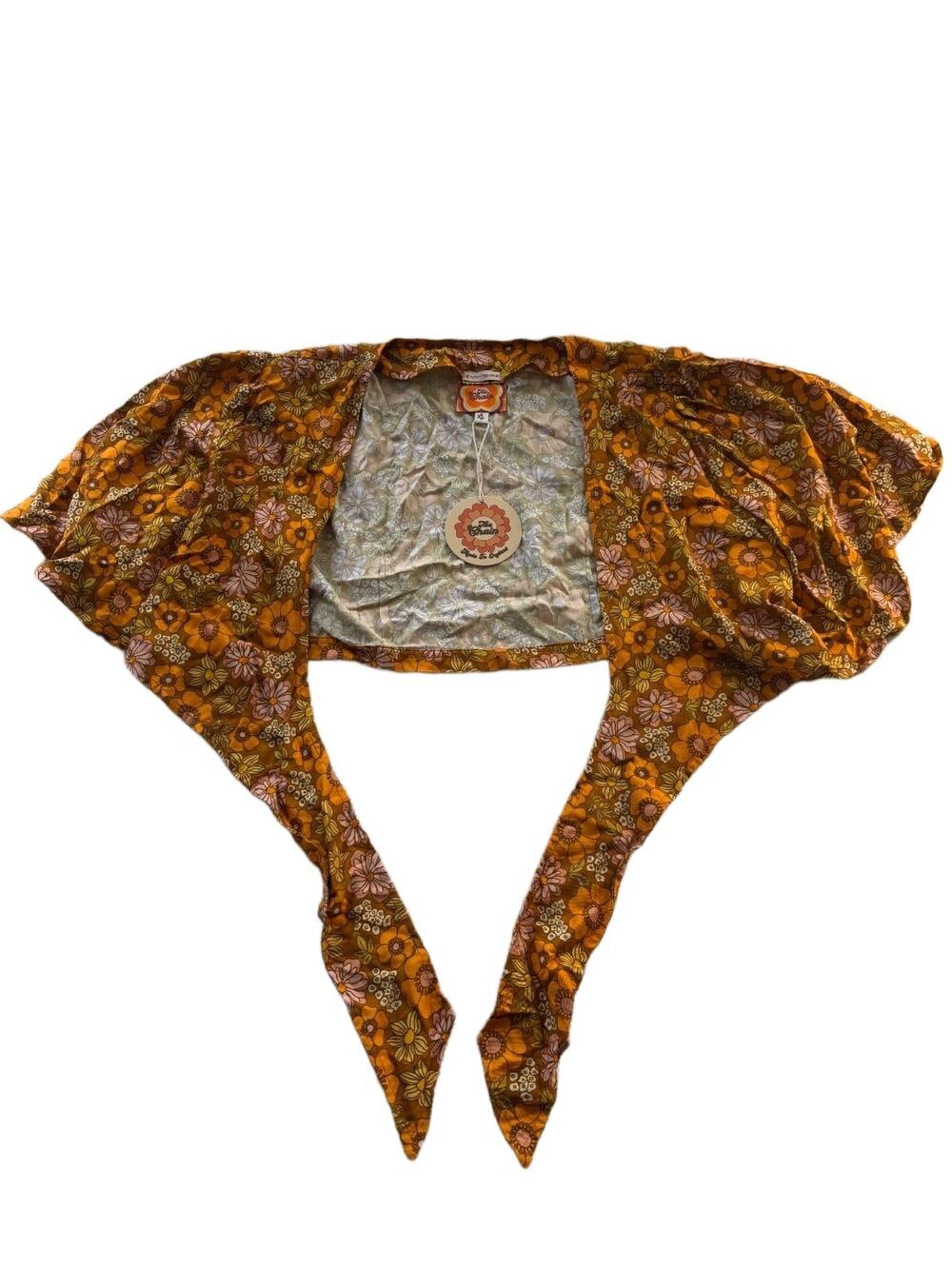 The Chain Tie Front Crop Top Womens XL Orange Retro 70s Floral Viscose Blouse NW